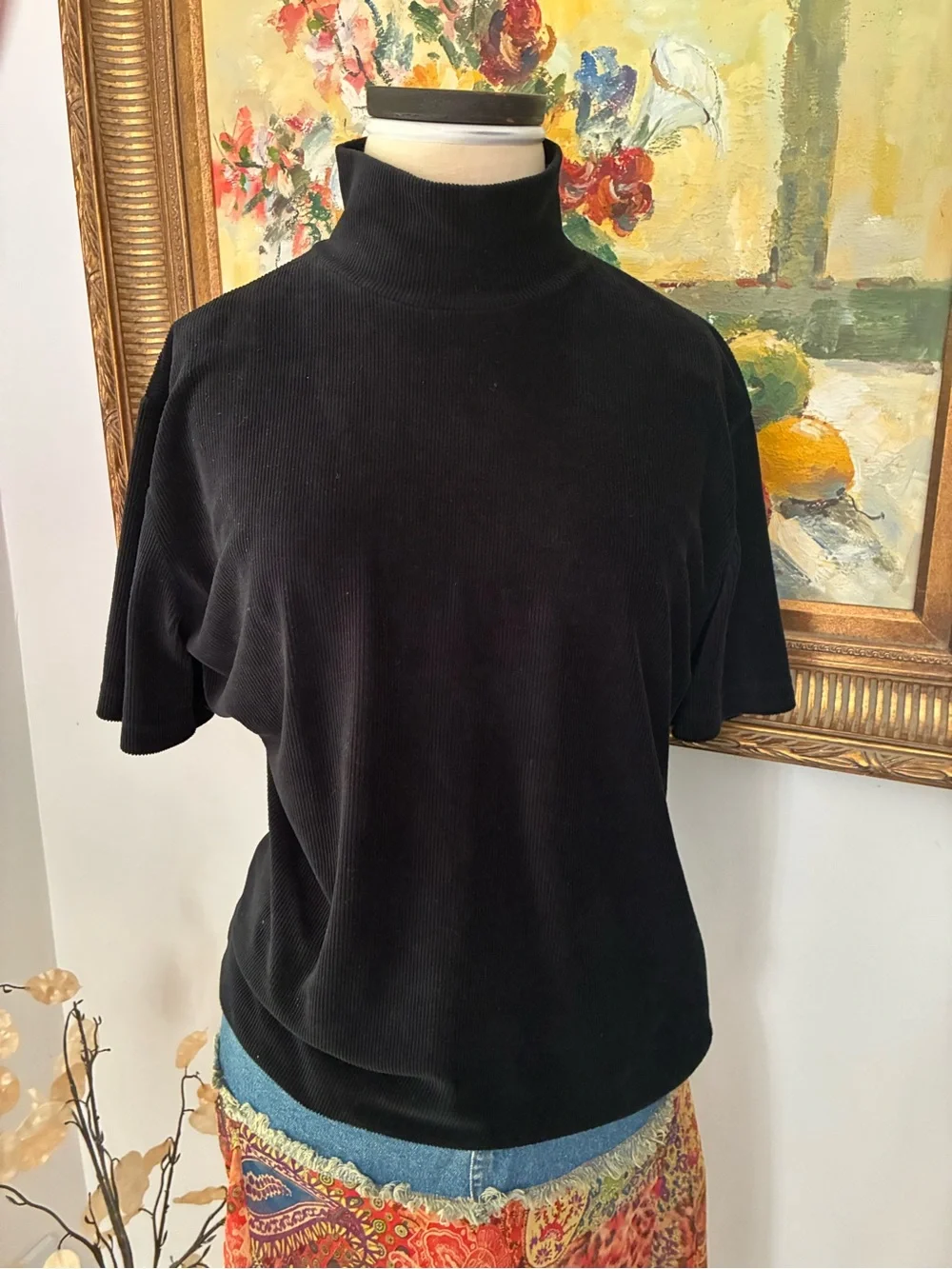Vintage Boho Black Corduroy Turtleneck Short Sleeved Top Sweater Size XL